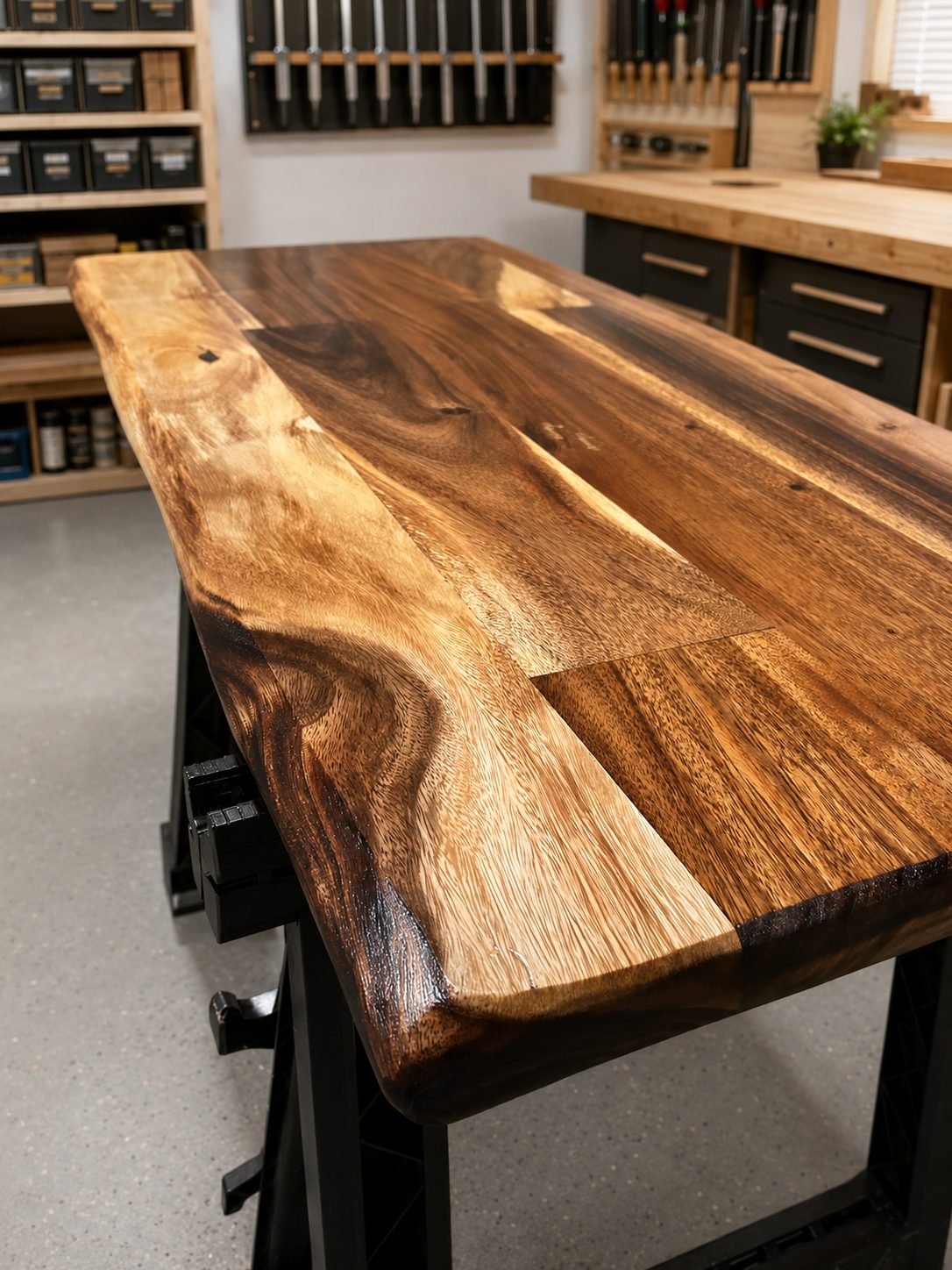 Close-up of hand-finished walnut grain in the workshop