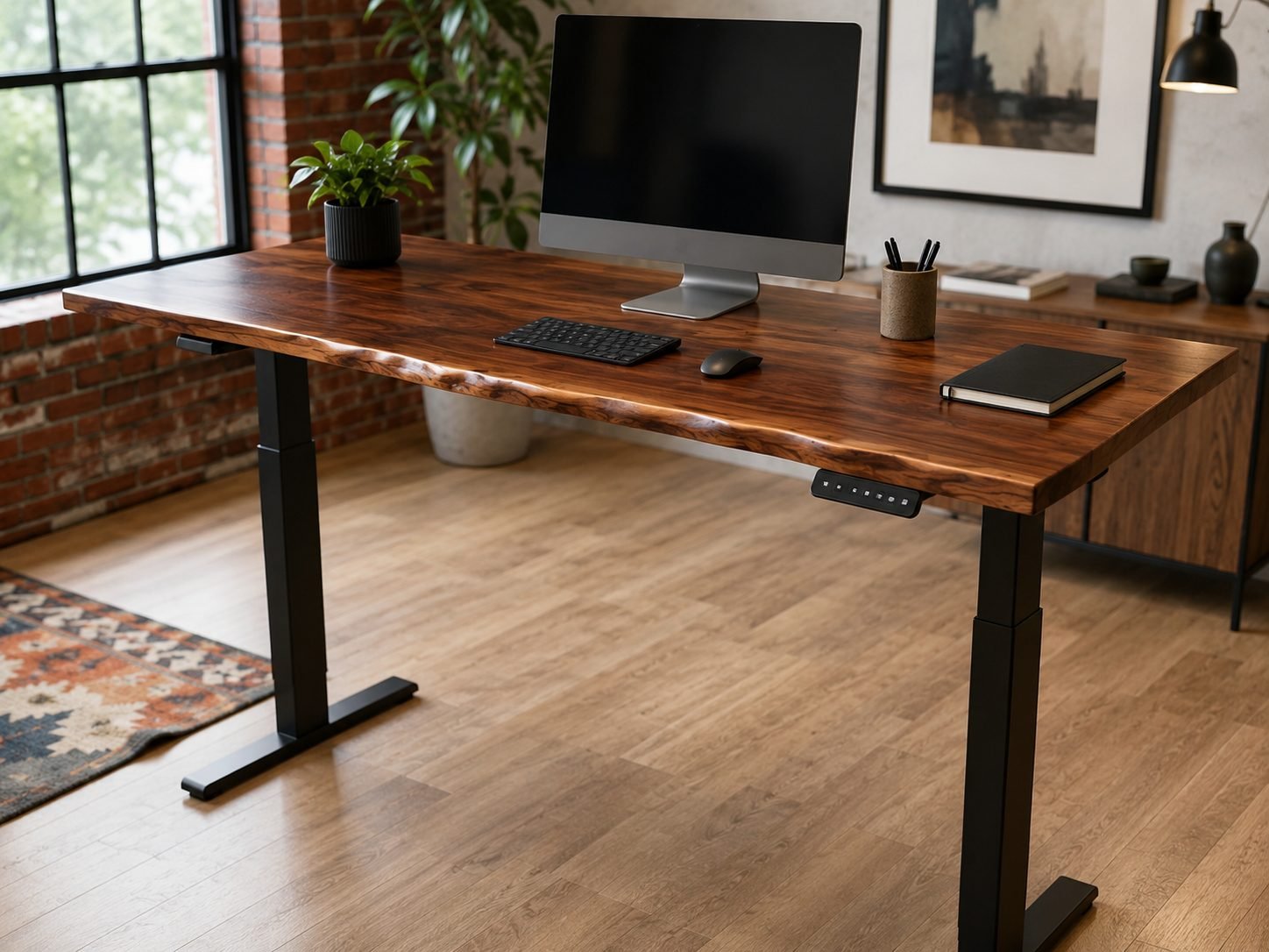 Handcrafted live-edge walnut desk in a modern office