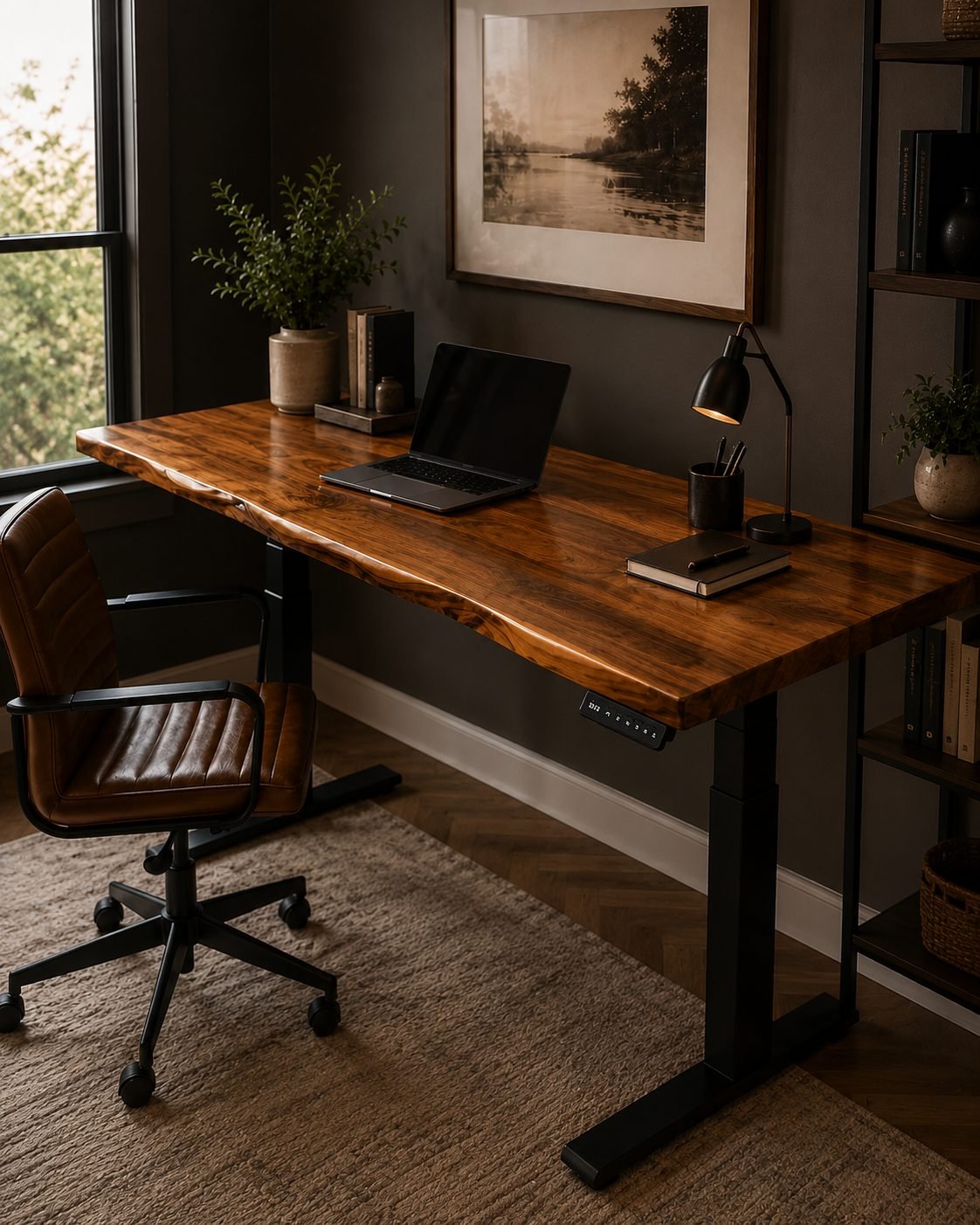Walnut desk in a warm, dark home office